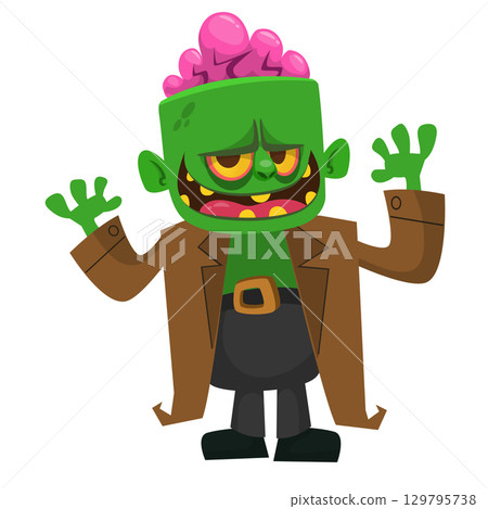 Cartoon funny green zombie. Halloween vector illustration of zombie creature. Cartoon funny green zombie. Halloween vector illustration of zombie creature. 129795738