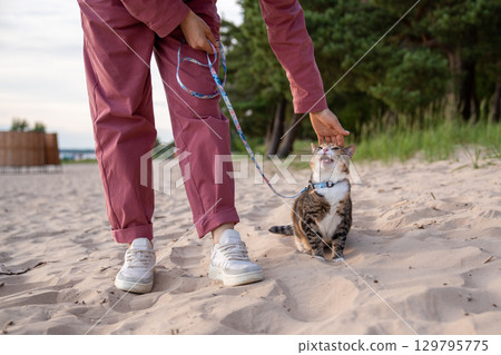 Meowing displeased cat demanding food and home from woman owner while stressed during beach walk 129795775