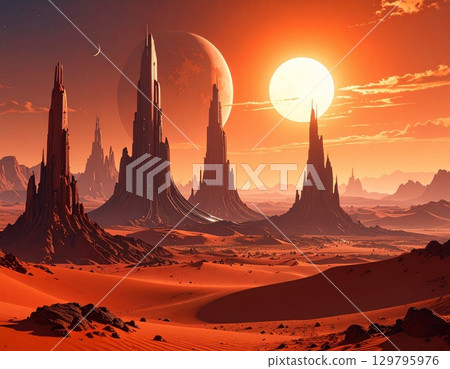 Full moon and sun setting in the desert 129795976