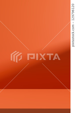 Clean modern background in vibrant terracotta orange with raised platform and soft shadow, perfect for showcasing products, branding visuals, minimalist advertising, and creative warm design concepts. 129796120