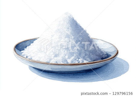 Watercolor style illustration of salt mound and plate 129796156