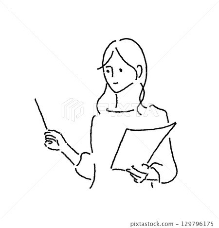 Line drawing illustration of a woman giving a presentation or lecture 129796175