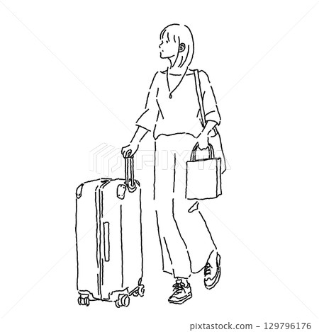 一位提著行李箱走路的女人的線條畫插圖 129796176