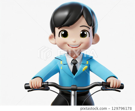 Smiling man riding a bicycle. Waist up. AI-generated image. 129796178