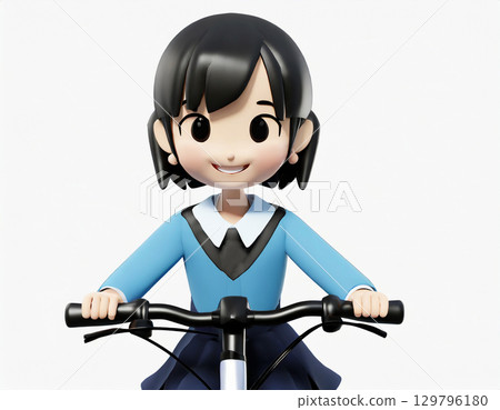 Smiling woman riding a bicycle. Waist up. AI-generated image. 129796180