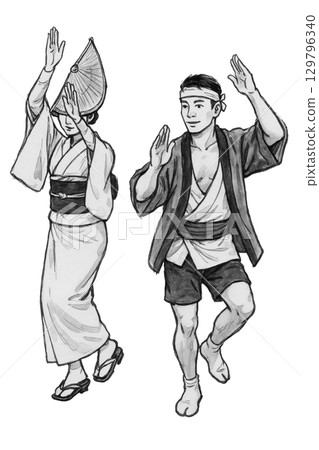 Japanese-style illustration material 2 of men and women dancing the traditional Japanese Awa Odori dance 129796340