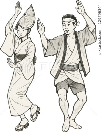 Japanese style illustration material of men and women dancing the traditional Japanese Awa Odori dance 129796344