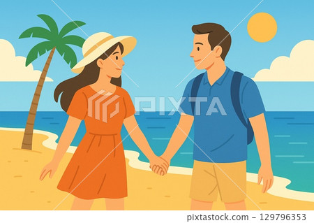 一對夫婦在夏天的海灘上散步的插圖 129796353