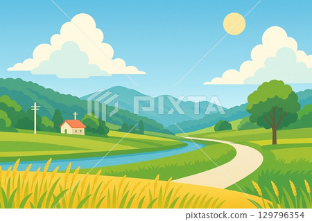 夏季鄉村風景和稻穗的插圖 129796354