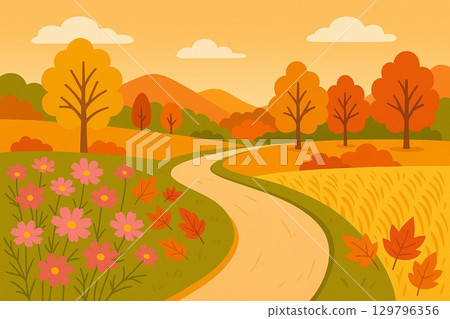 Illustration of an autumn rural landscape and autumn leaves 129796356
