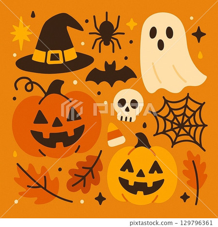 萬聖節鬼魂和南瓜平面插圖 129796361