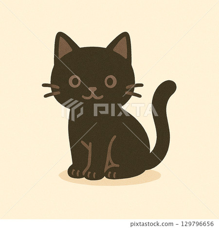 Illustration of a black cat sitting facing the front 129796656
