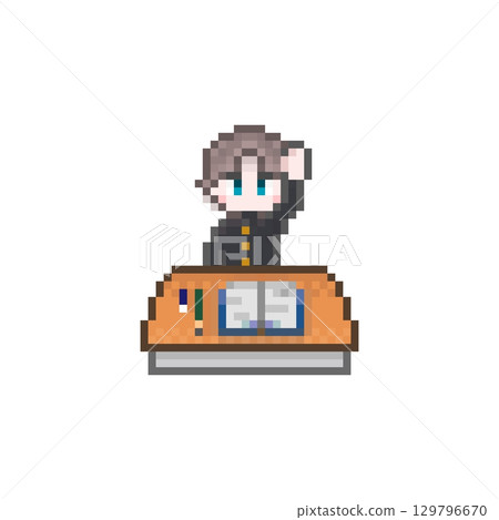 在像素化的桌子前舉手的男學生：Gakuran 129796670