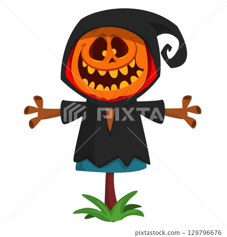 Cartoon funny Halloween pumpkin head face scarecrow expression Cartoon funny Halloween pumpkin head face scarecrow expression 129796676