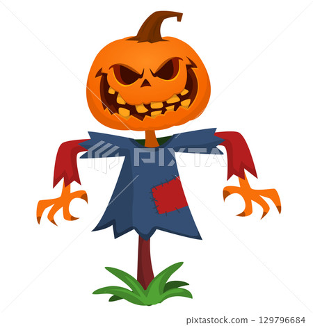 Cartoon funny Halloween pumpkin head face scarecrow expression Cartoon funny Halloween pumpkin head face scarecrow expression 129796684