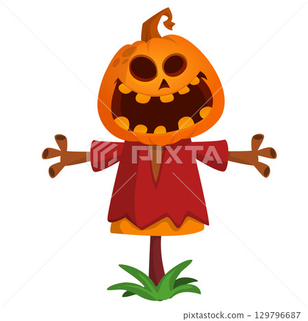 Cartoon funny Halloween pumpkin head face scarecrow expression Cartoon funny Halloween pumpkin head face scarecrow expression 129796687