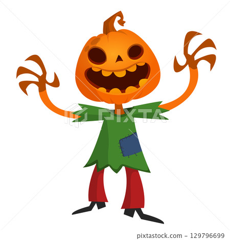 Cartoon funny Halloween pumpkin head face scarecrow expression Cartoon funny Halloween pumpkin head face scarecrow expression 129796699