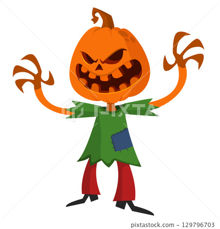 Cartoon funny Halloween pumpkin head face scarecrow expression 129796703