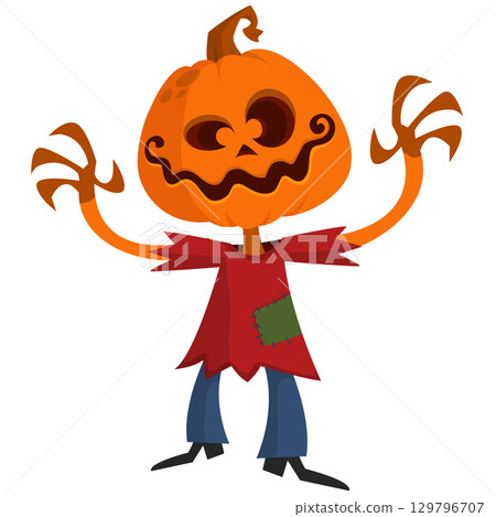 Cartoon funny Halloween pumpkin head face scarecrow expression Cartoon funny Halloween pumpkin head face scarecrow expression 129796707