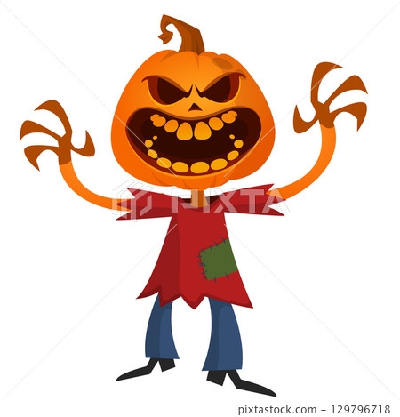 Cartoon funny Halloween pumpkin head face scarecrow expression 129796718