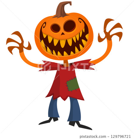 Cartoon funny Halloween pumpkin head face scarecrow expression Cartoon funny Halloween pumpkin head face scarecrow expression 129796721