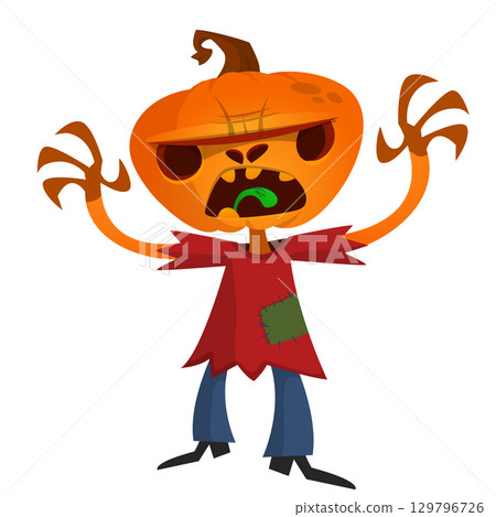 Cartoon funny Halloween pumpkin head face scarecrow expression 129796726