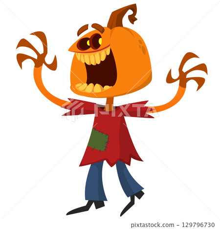 Cartoon funny Halloween pumpkin head face scarecrow expression Cartoon funny Halloween pumpkin head face scarecrow expression 129796730