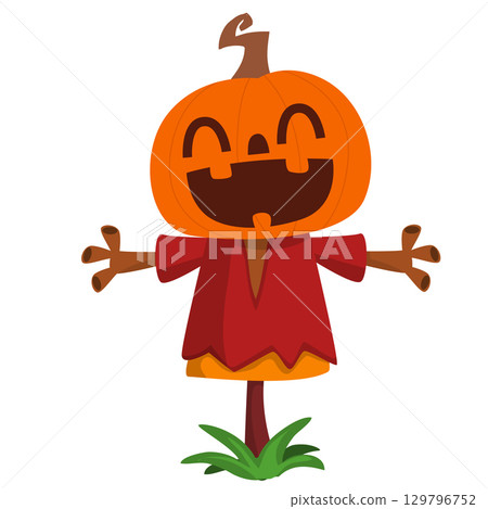 Cartoon funny Halloween pumpkin head face scarecrow expression 129796752