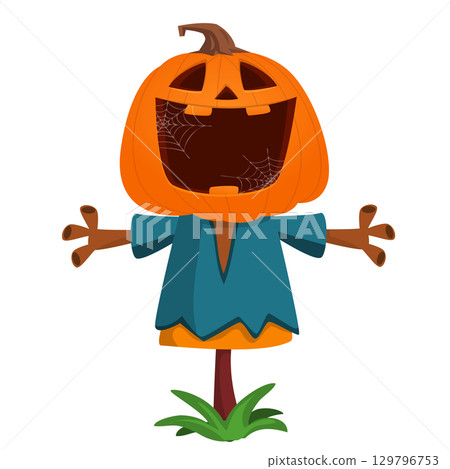 Cartoon funny Halloween pumpkin head face scarecrow expression 129796753
