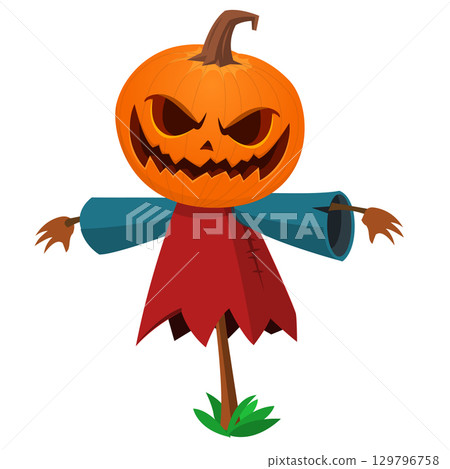 Cartoon funny Halloween pumpkin head face scarecrow expression 129796758