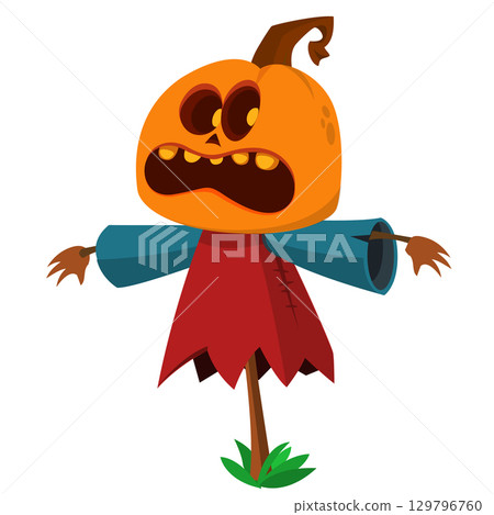 Cartoon funny Halloween pumpkin head face scarecrow expression 129796760