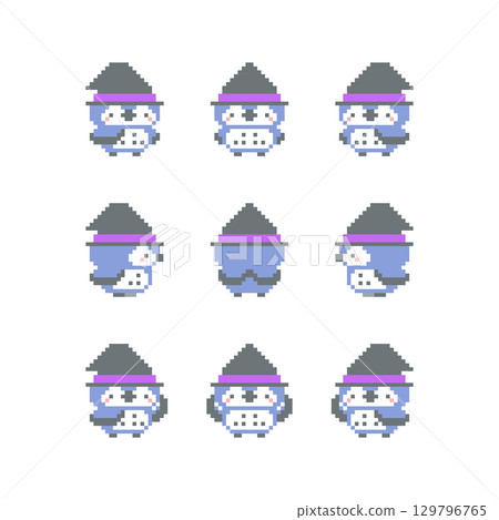 女巫帽和藍色貓頭鷹像素藝術 129796765