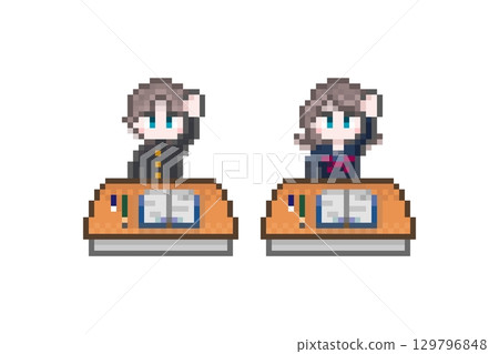 在像素藝術課桌前舉手的男女學生:Sailor 和 Gakuran 在像素藝術課桌前舉手的男女學生:Sailor 和 Gakuran 129796848