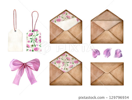 Watercolor set of cute envelopes, gift tags, pink petals and pink bow. Good for postcards, invitations, greeting cards 129796934