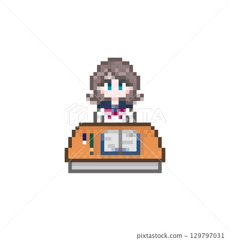 在像素藝術書桌前學習的女學生：水手夏季制服 129797031