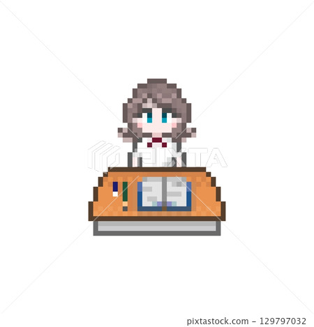 在像素化書桌前學習的女學生：夏裝 129797032