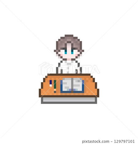 在像素化書桌前學習的男學生：夏裝 129797101