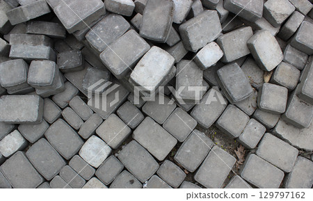 Top View Of Concrete Bricks For Footpath Stacked At Paving Process Top View Of Concrete Bricks For Footpath Stacked At Paving Process 129797162