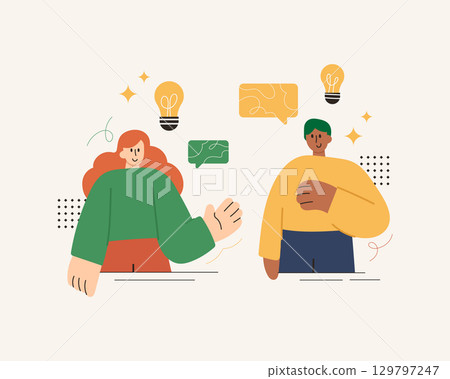 Flat vector illustration of office team discussion, idea sharing and teamwork concept. Vector flat cartoon style. 129797247