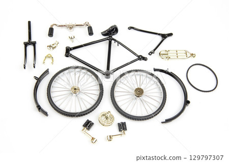 Bicycle parts arranged on white background for assembly and repair 129797307