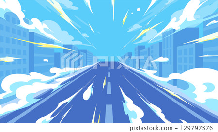 Landscape illustration of a road in a city of buildings with a sense of speed_blue_16:9 129797376