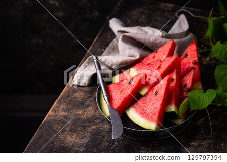 Fresh juicy sliced watermelon close up 129797394
