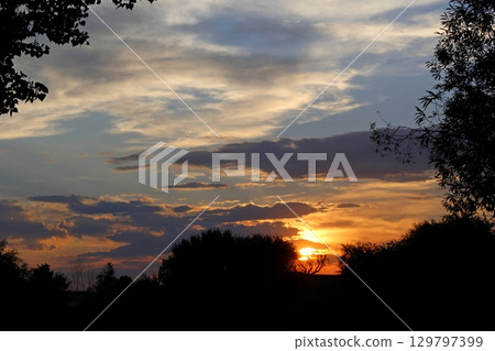 sunset sky with clouds and sun sunset sky with clouds and sun 129797399