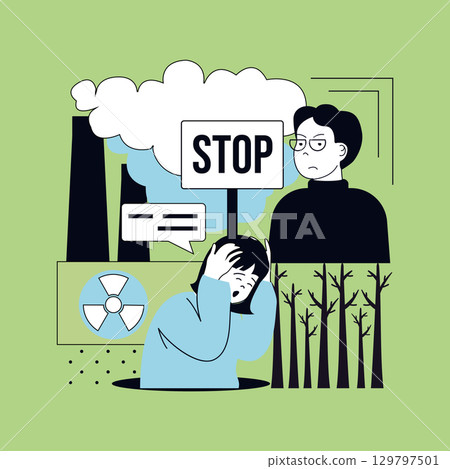 Nature and ecology concept for modern web design. People stopping toxic pollution, suffering from danger chemical industry emission, trying to save planet and forest from smog. Vector illustration. Nature and ecology concept for modern web design. People stopping toxic pollution, suffering from danger chemical industry emission, trying to save planet and forest from smog. Vector illustration. 129797501