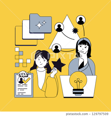 Human resources concept for modern web design. People searching cv online, making decision and recruiting applicants, doing job interview, signing work contract with partnerships. Vector illustration. 129797509