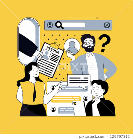 Human resources concept for modern web design. People searching cv online, recruiting applicants, researching resume to open position, doing job interview for fill office staff. Vector illustration. 129797511