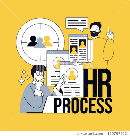 Human resources concept for modern web design. People searching best cv online for recruiting applicants, researching resume to open contract position, meeting with candidates. Vector illustration. 129797522