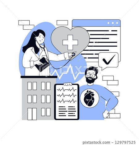 Healthcare and medical concept for modern web design. People working in clinic or hospital, doctor making cardiac diagnosis, examining human heart at cardiogram, doing treatments. Vector illustration. 129797525