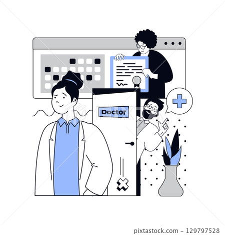 Healthcare and medical concept for modern web design. People working in hospital, doctor developing professional skills with certificates, waiting patients for consultations. Vector illustration. 129797528