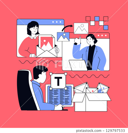 Graphic web design concept for modern website design. People creating wireframe layouts, coding on platform, working with project multimedia, sharing images and text elements. Vector illustration. 129797533
